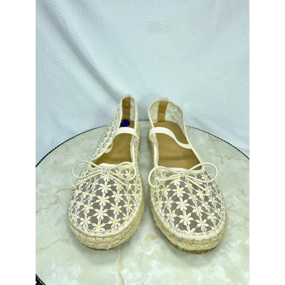 Madden Girl Floral Lace Mesh Espadrille Mary Jane Flats Womens 8.5 Cream Ballet